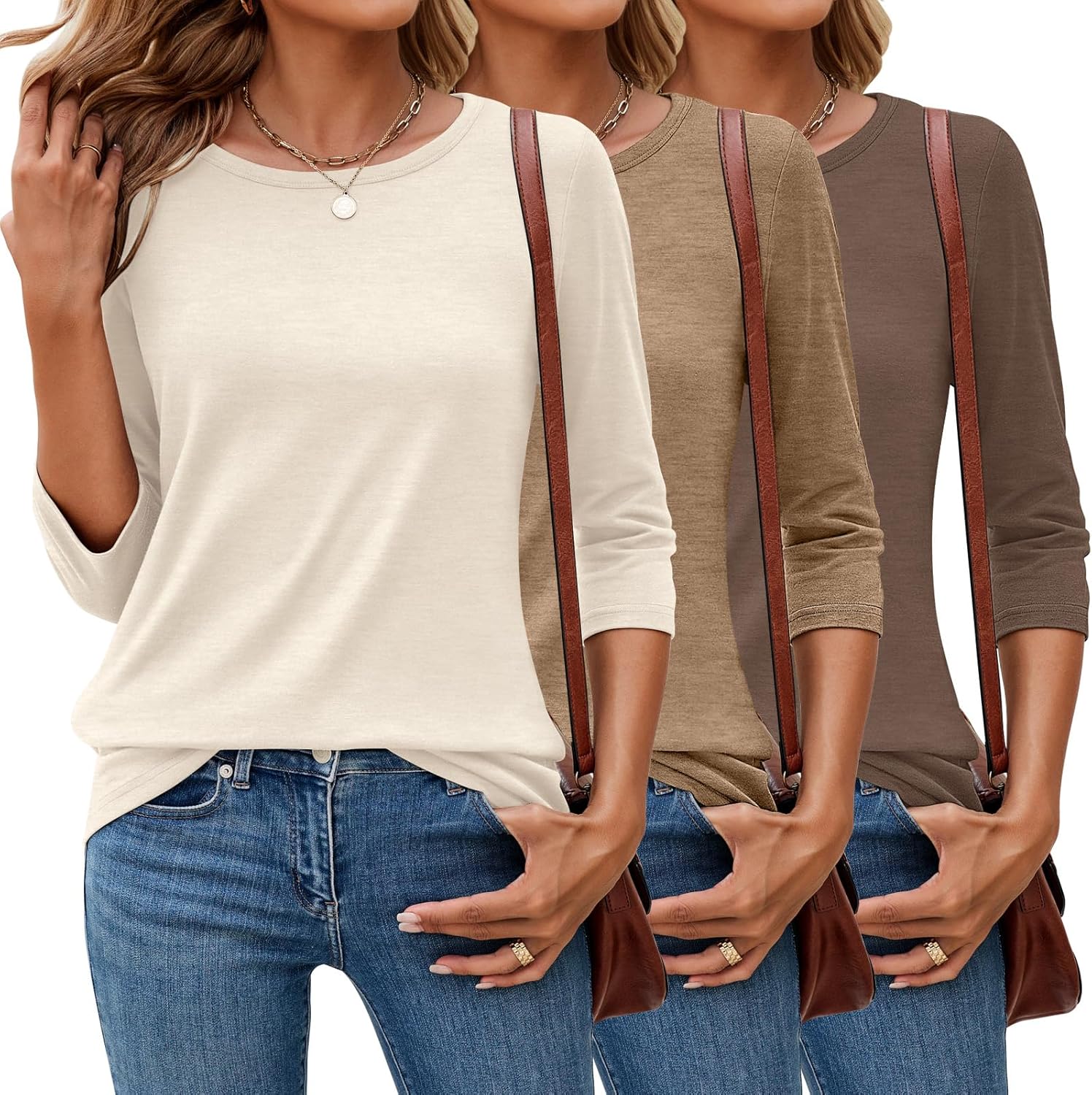 Ficerd 3 Pack 3/4 Sleeve Tops for Women - Casual Dressy Tees