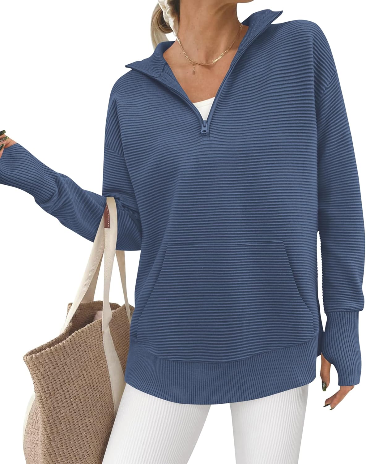 BTFBM Pocket Quarter Zip Pullover V Neck Sweater for Women