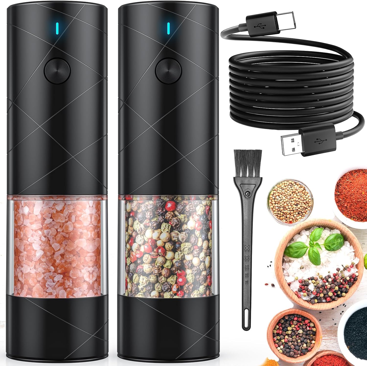 Electric Salt and Pepper Grinder Set with LED Light and USB Charge