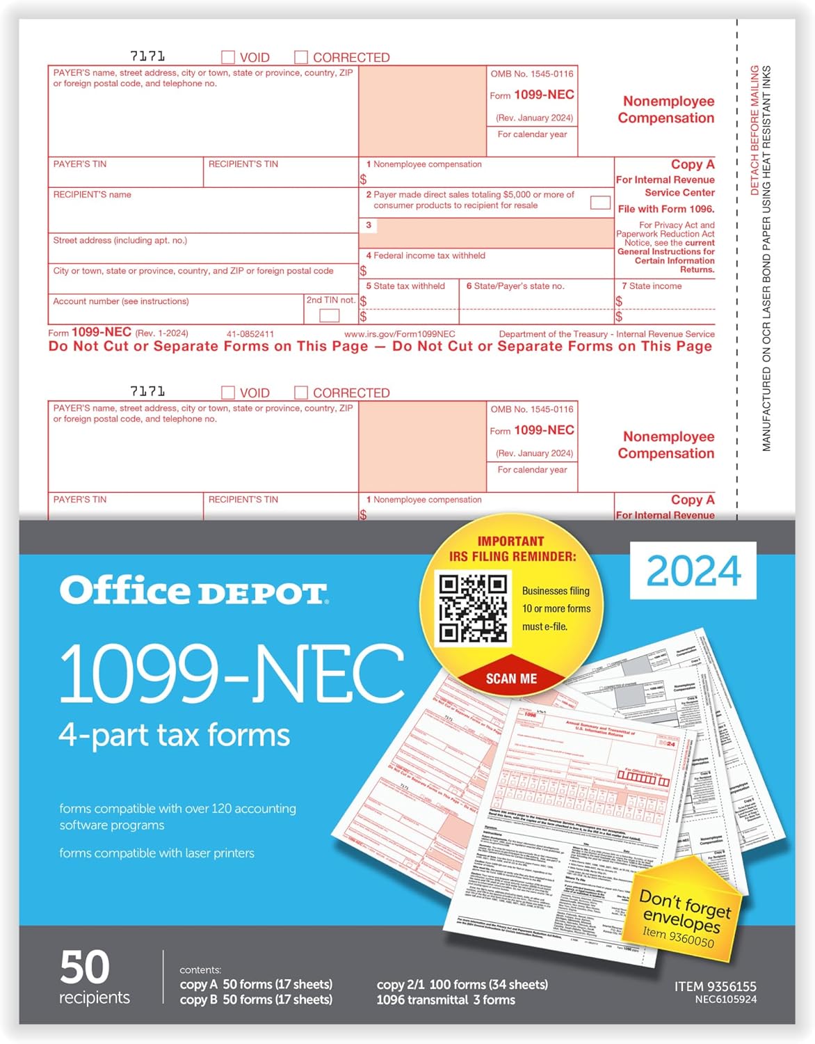 Office Depot 1099-NEC Tax Forms - 4-Part, 2-Up, Pack of 50 - Easy Tax Filing