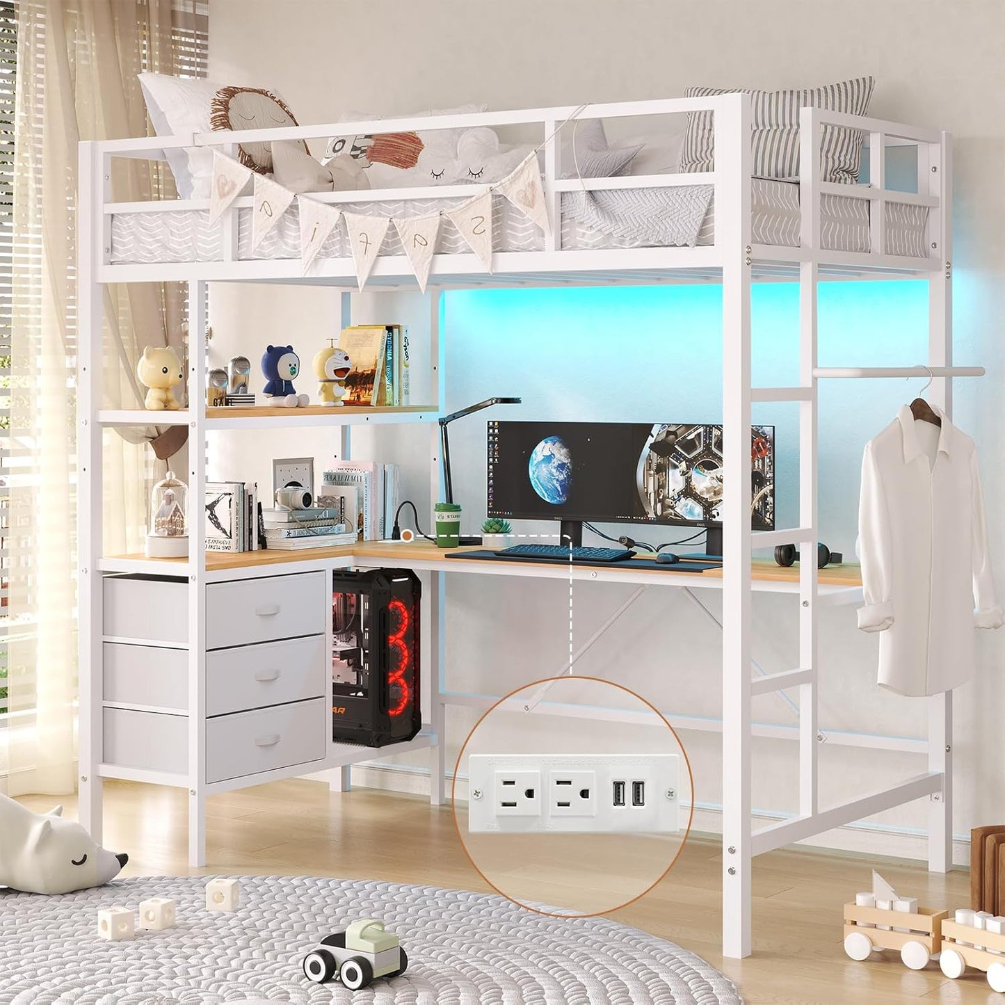 DICTAC Twin Loft Bed with L-Shaped Desk and LED Lights