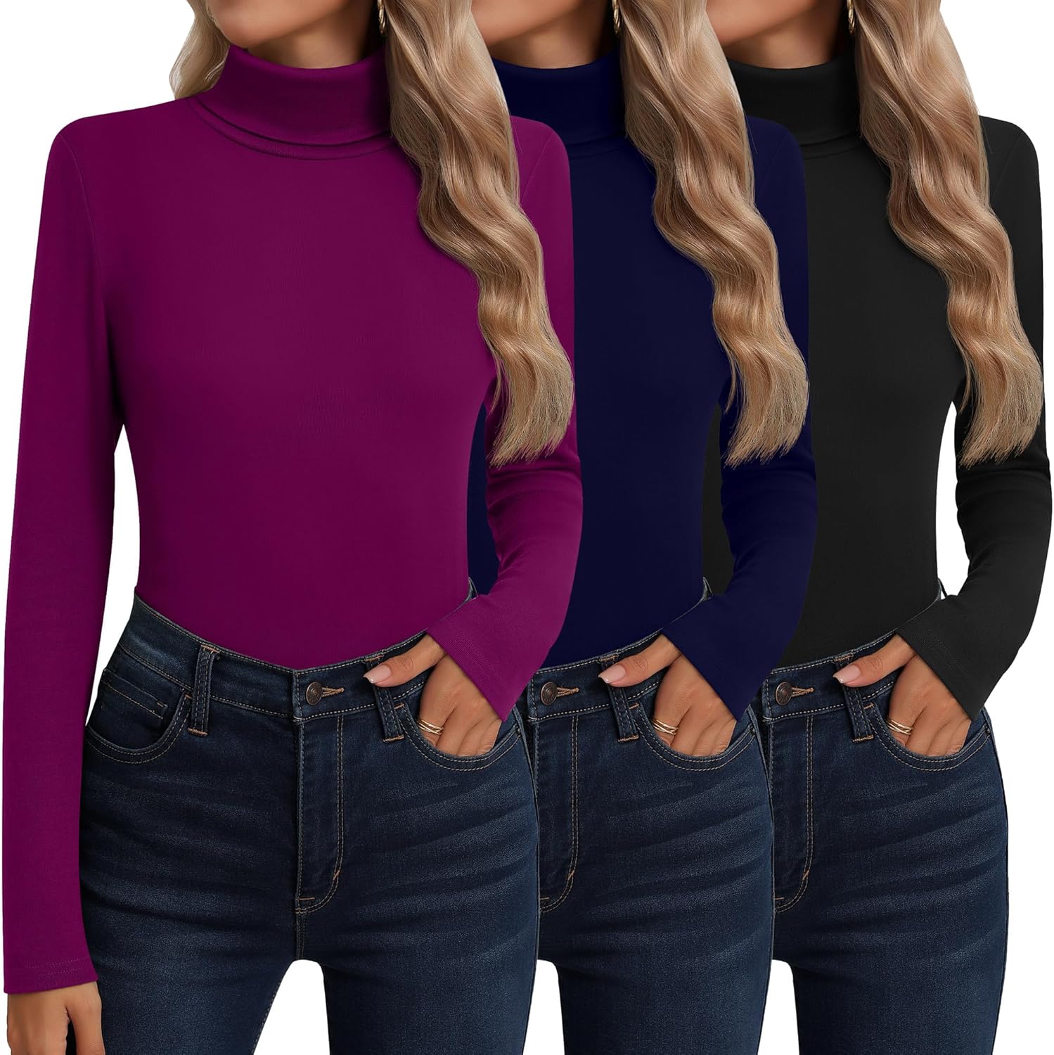 Neer 3 Pack Cotton Women's Turtleneck Long Sleeve Tops