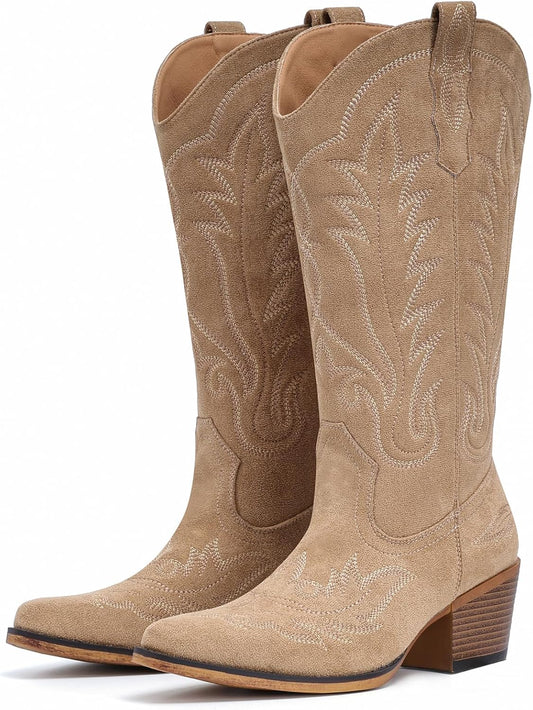 Suede Cowboy Boots for Women with Embroidered Retro Style