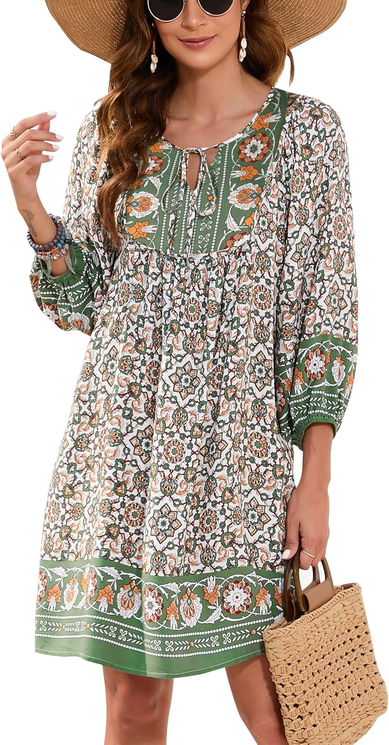 Bluetime Women Casual Summer Dress Boho V Neck Floral Print