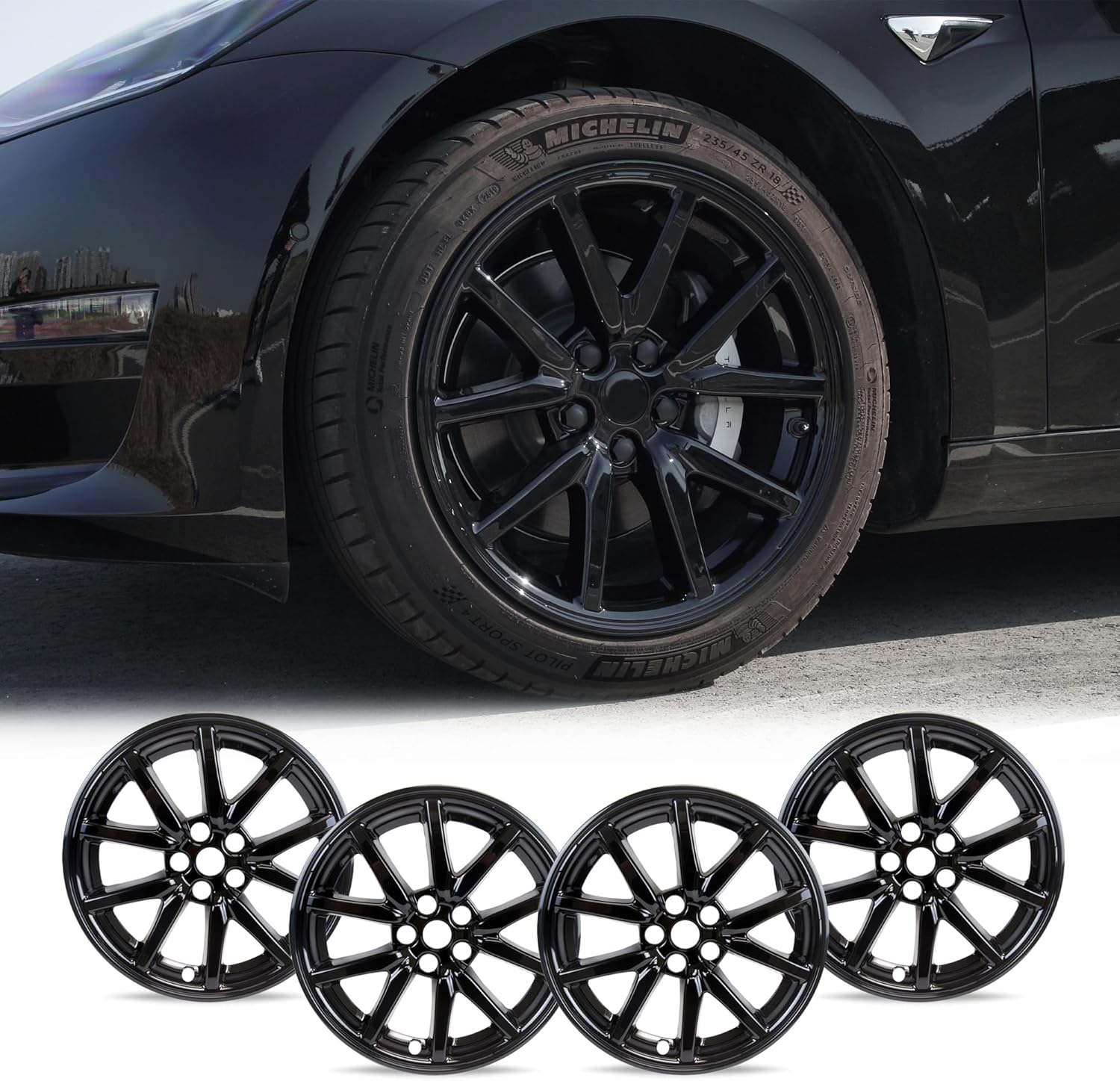 Mayde 18-Inch Hub Caps for Tesla Model 3 - Gloss Black Set