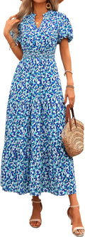Summer Maxi Dress for Women V Neck Puff Sleeve Smocked Fit - Flowy