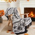 Boho Throw Blanket Black and White - Soft Tassel Decorative Throw