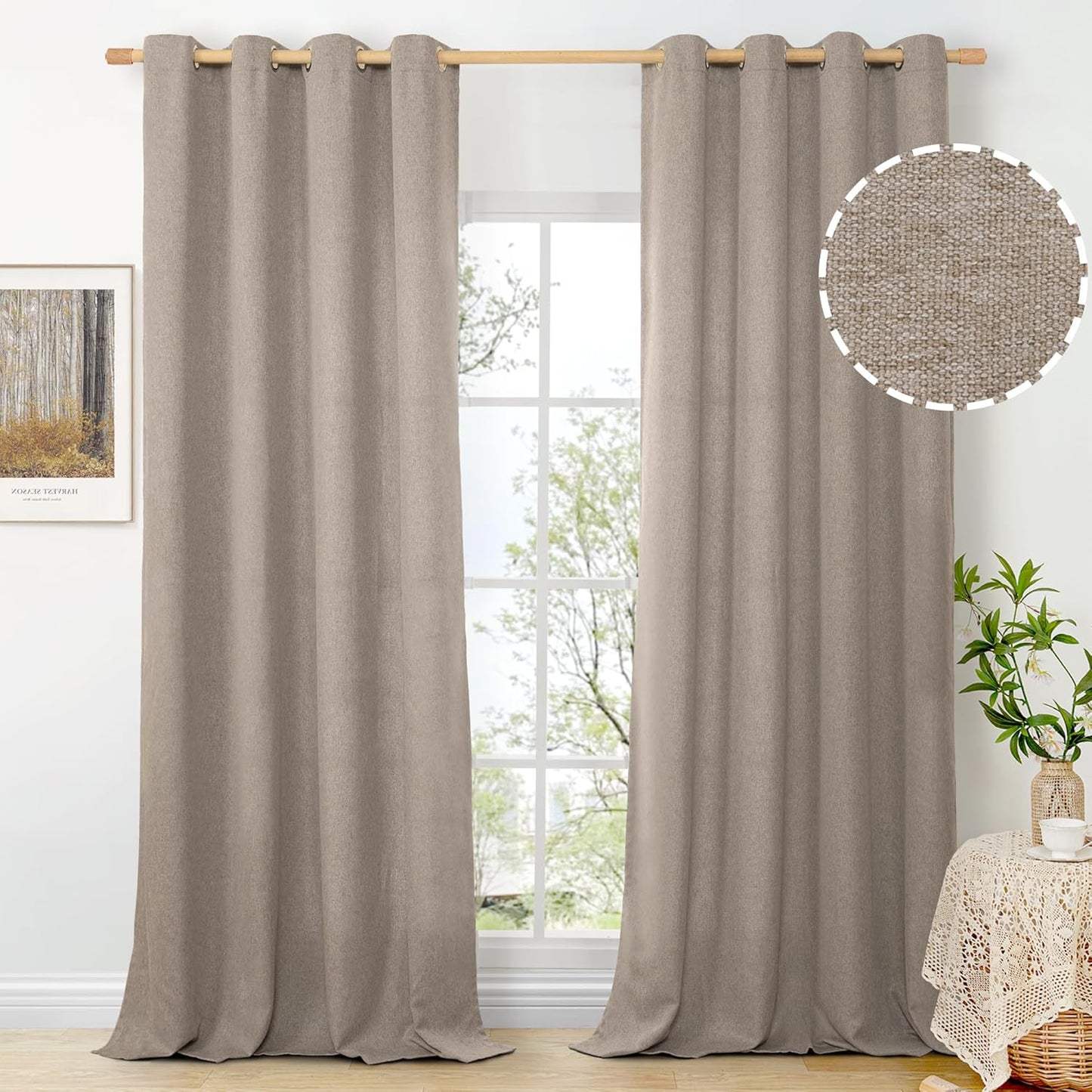 Taupe Faux Linen Curtains for Living Room 95 Inch Length Set