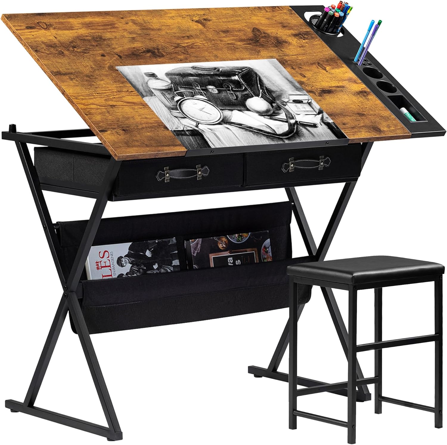 VECELO Drafting Table Art Desk Adjustable Drawing Table with Stool