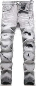 Men's Ripped Patch Elastic Jeans for Men - Slim Regular Fit Denim