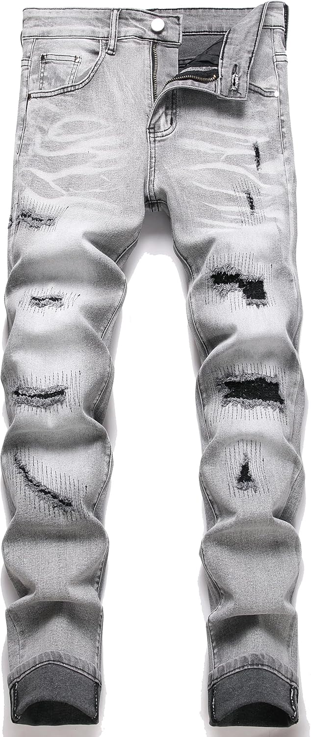 Men's Ripped Patch Elastic Jeans for Fashionable Slim Fit Style