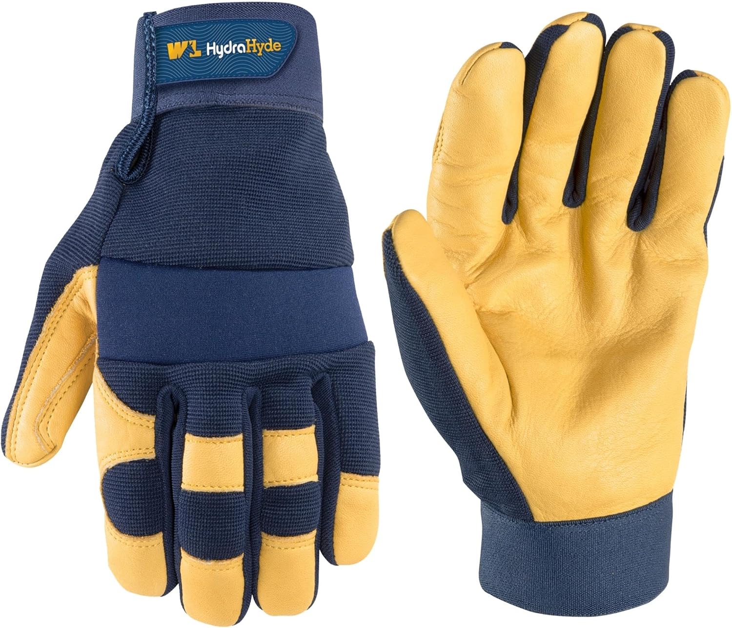 Wells Lamont HydraHyde Work Gloves | Heavy Duty, Form Fitting | Water-Resistant Leather, Blue - Large