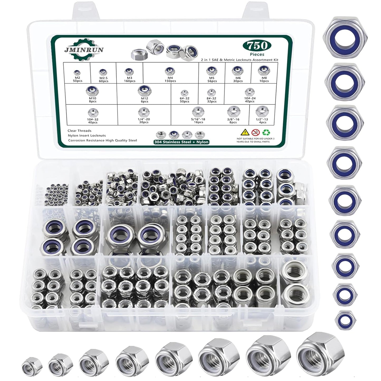 750PCS Nylon Insert Lock Nuts Kit for SAE & Metric Fastening