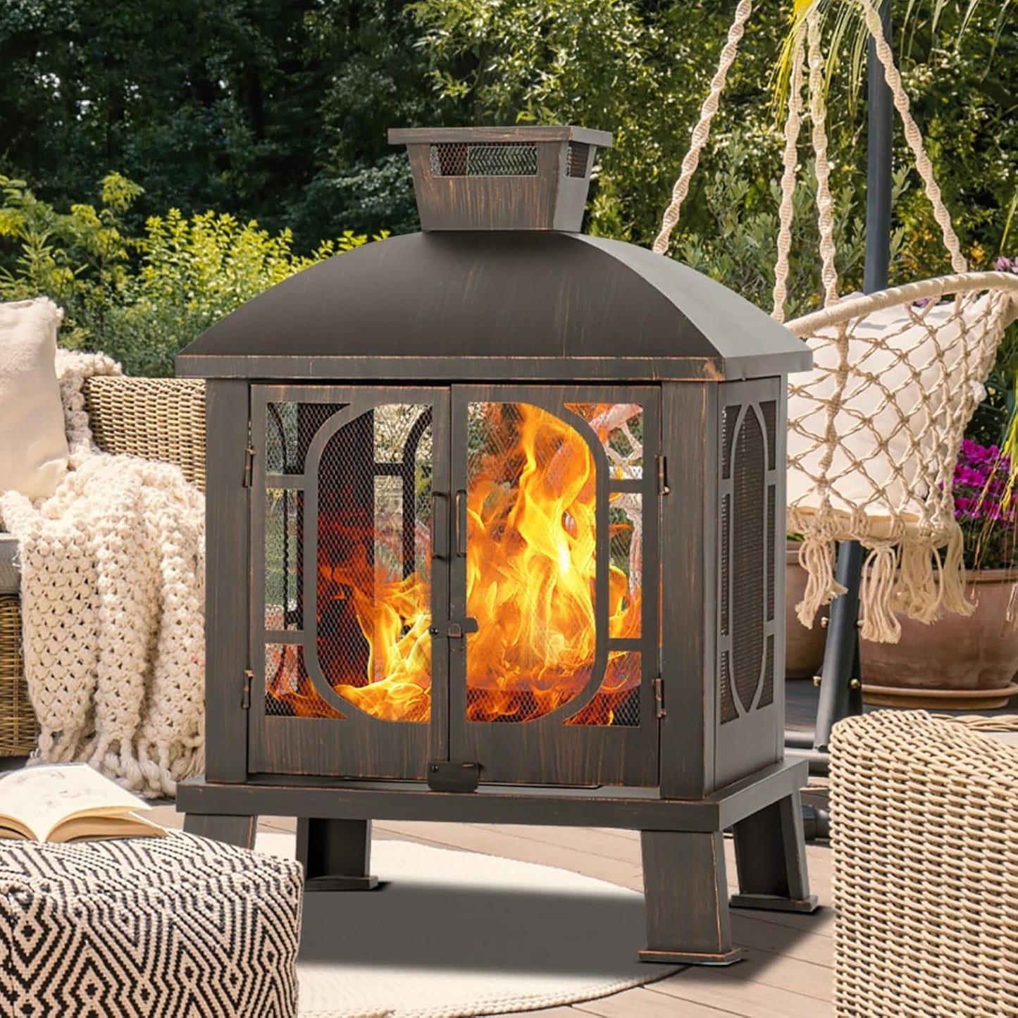 Panovue 45 in H Metal Chiminea Fire Pit with Grill for BBQ