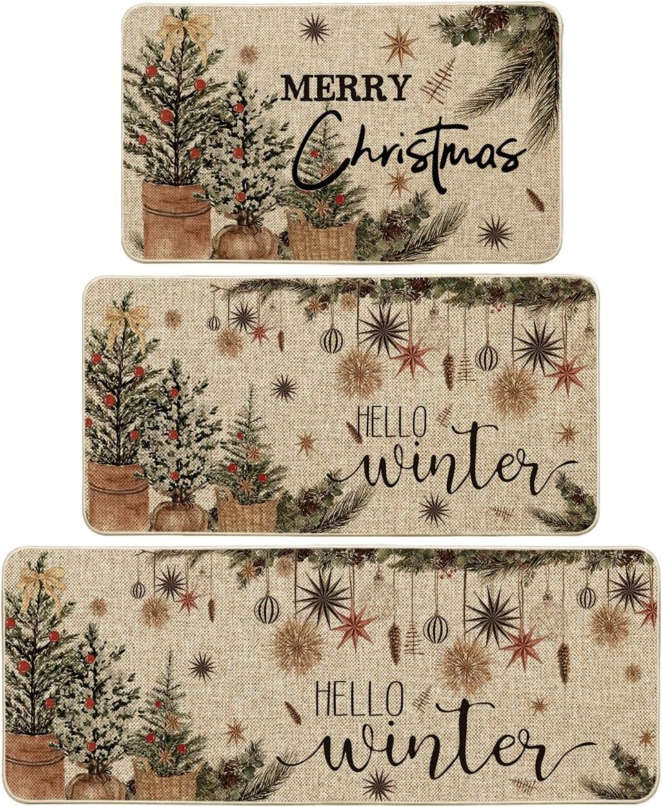 Artoid Mode Holly Ornament Kitchen Mats Set of 3 for Winter Decor