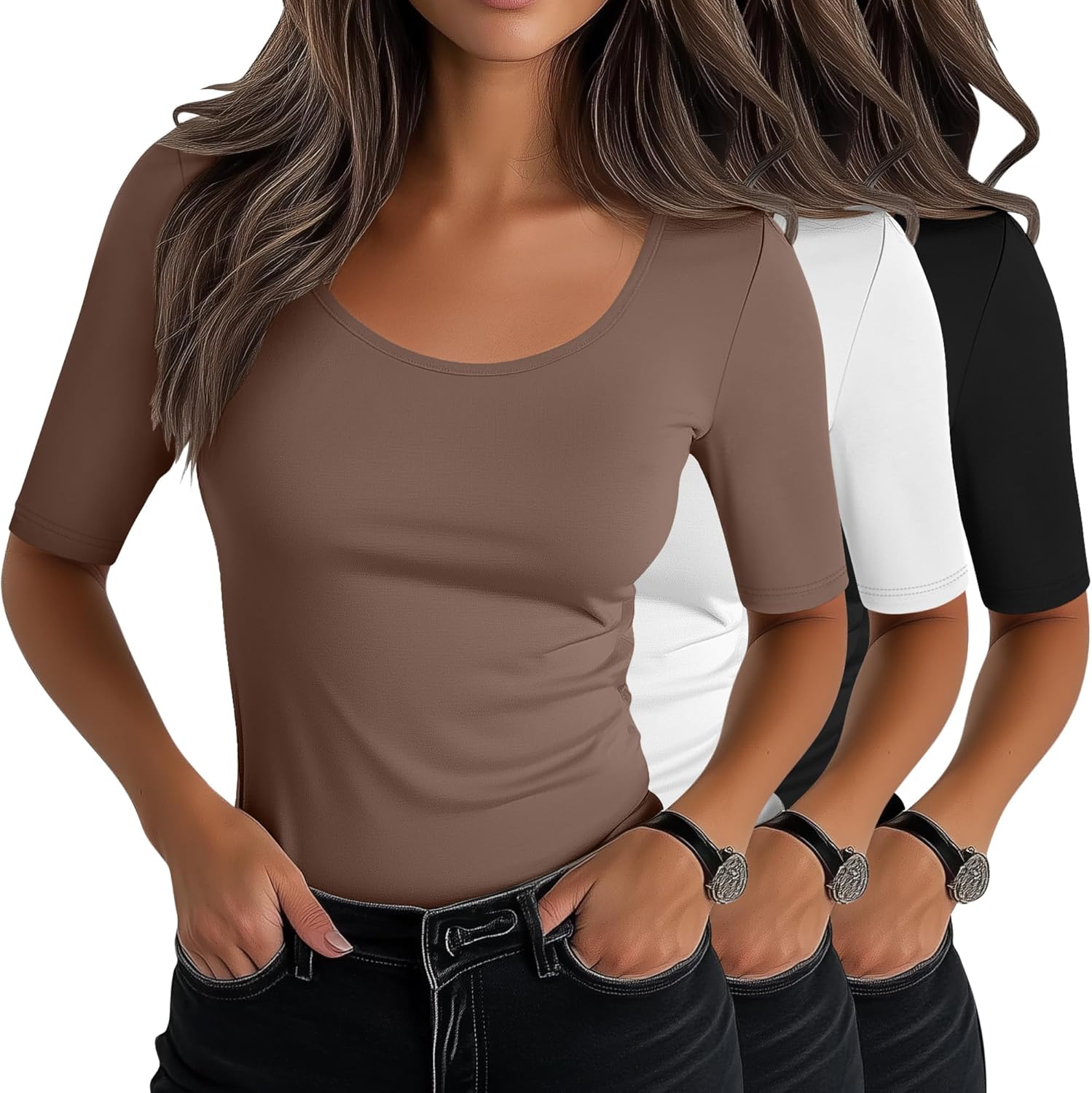 Neer Women's Scoop Neck Stretchy Tops 3 Pack for Summer Style