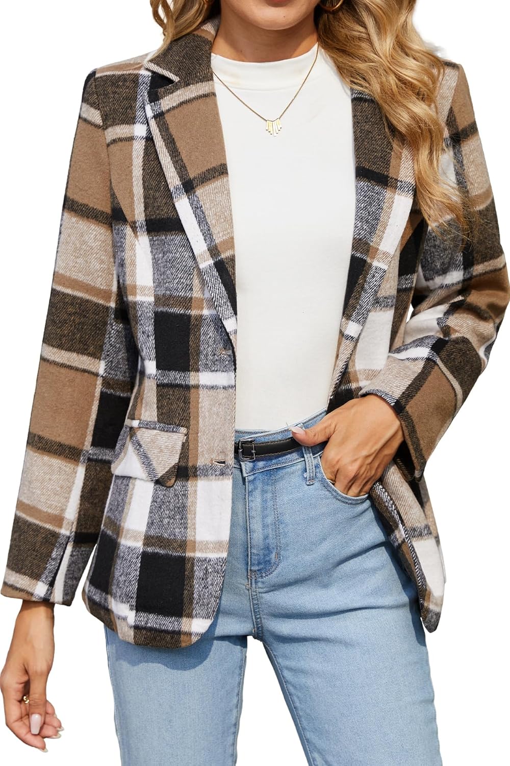 ELLEVEN Women's Lapel Collar Plaid Blazer for Stylish Workwear