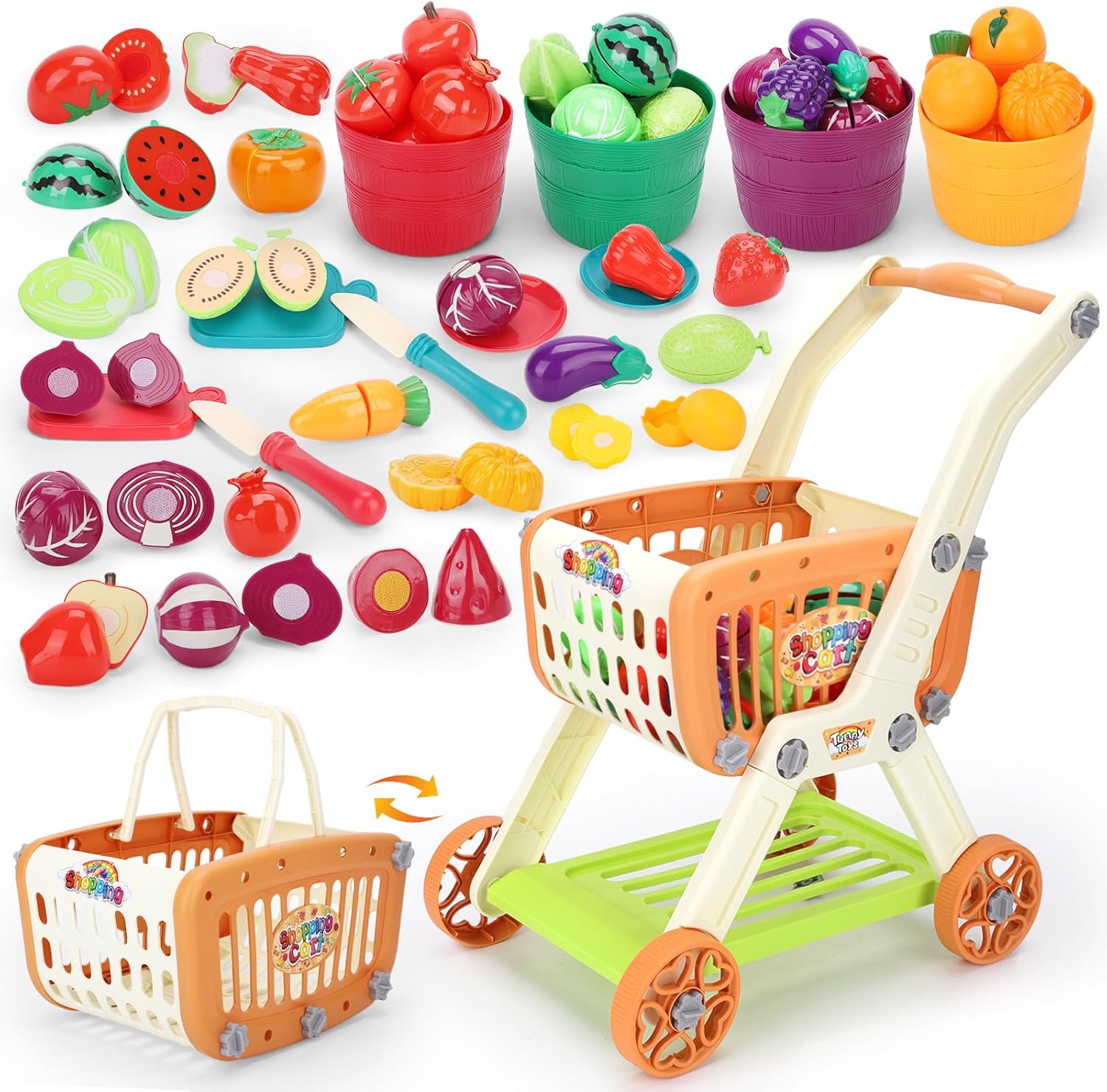 Shopping Cart with Cutting Play Food Set for Kids Kitchen Fun