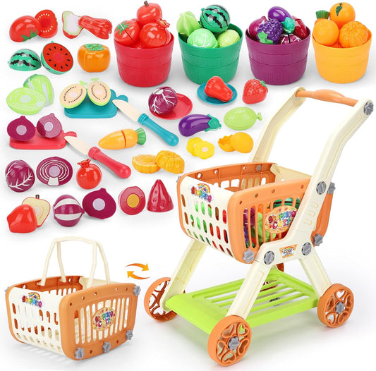 Shopping Cart with Cutting Play Food Set for Kids Kitchen Fun