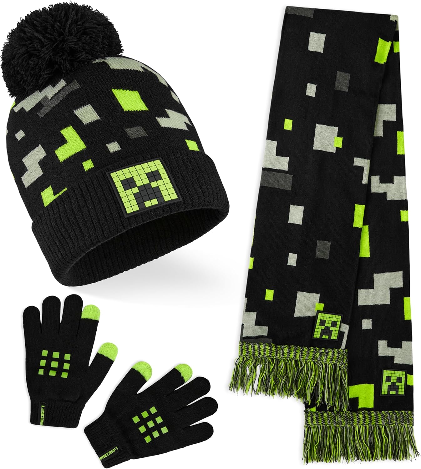 Minecraft Winter Set for Boys: Cozy 3-Piece Hat, Scarf, Gloves