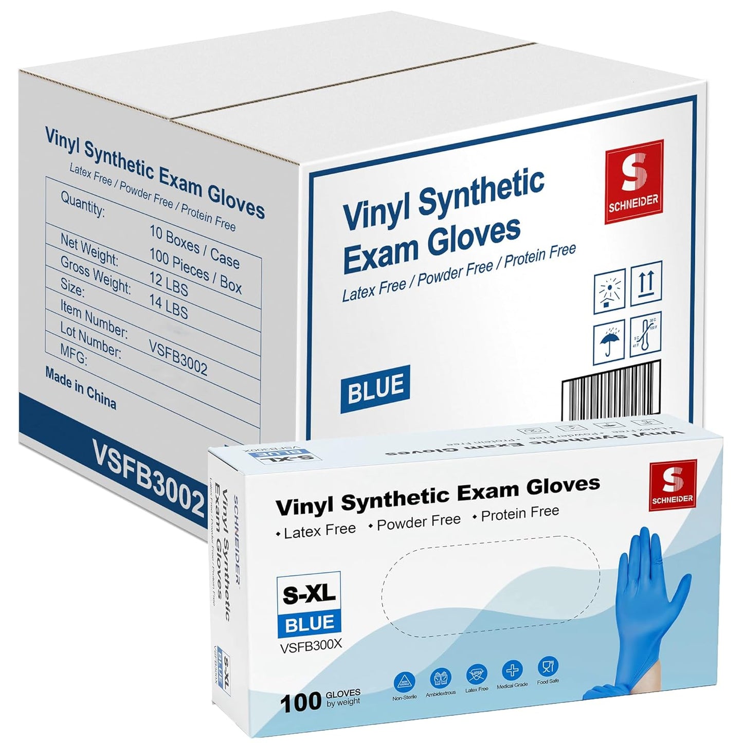 Schneider Blue Vinyl Exam Gloves, Medium, 1000ct - Latex-Free & Powder-Free