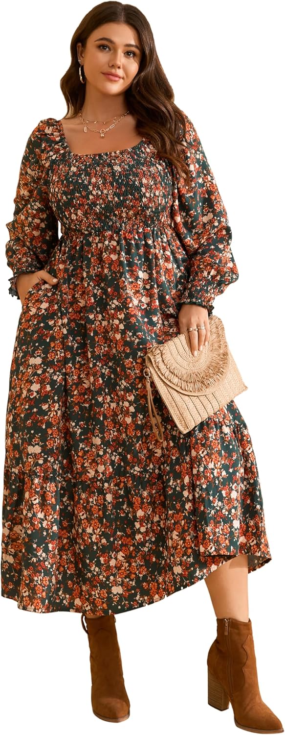 Plus Size Long Sleeve Floral Maxi Dress with Pockets for Women