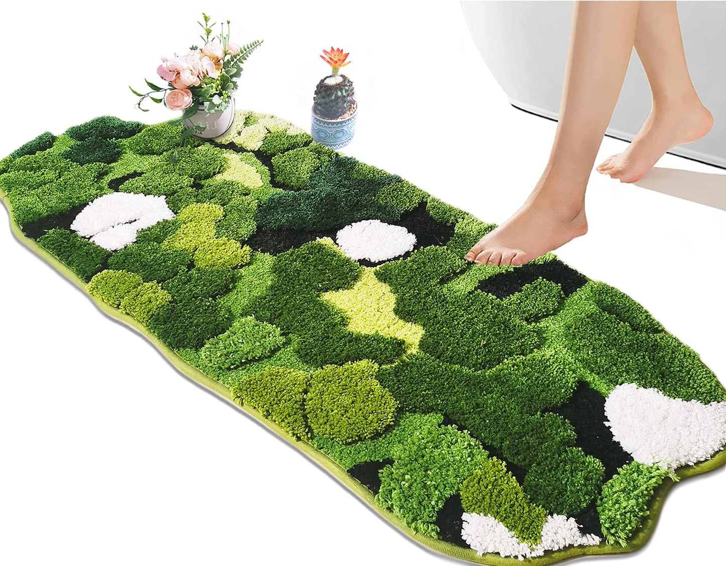 Cute Green Moss Bathroom Runner Rug for Boho Aesthetic Decor