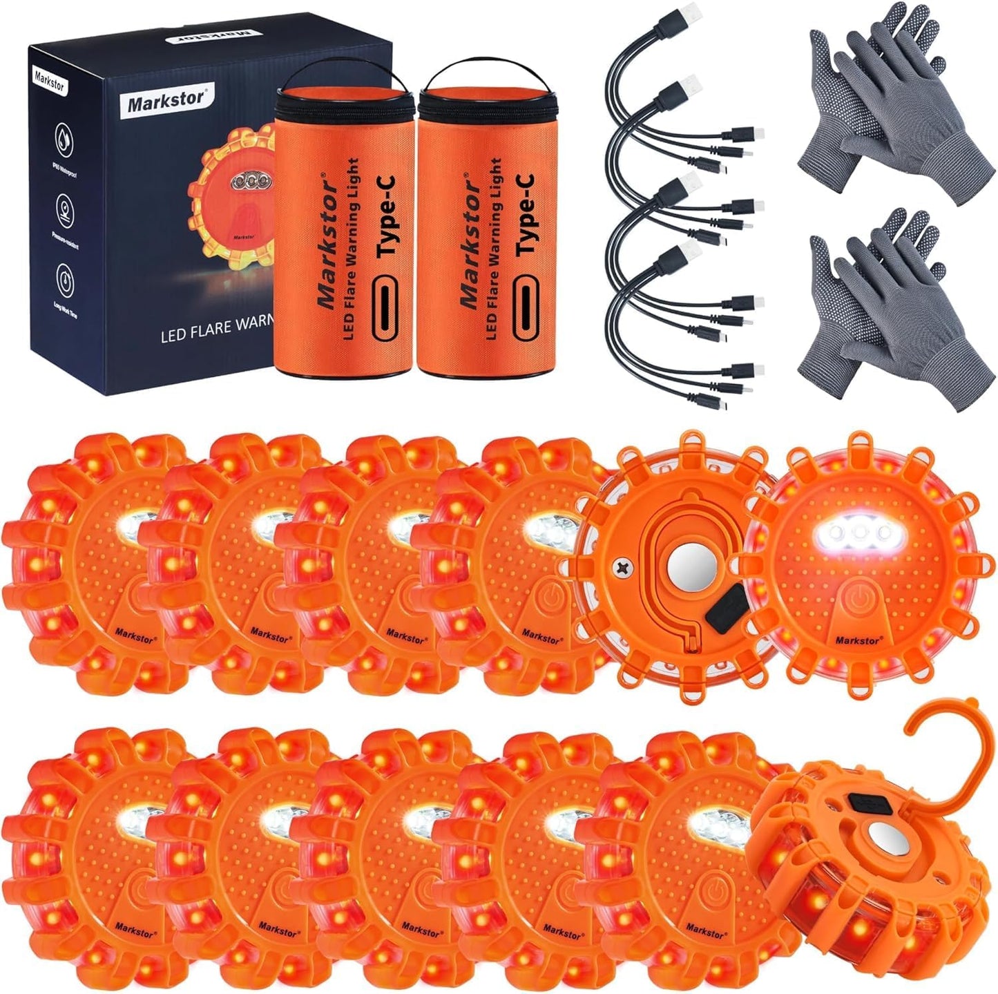 LED Road Flares 12 Pack Emergency Car Kit with USB Rechargeable