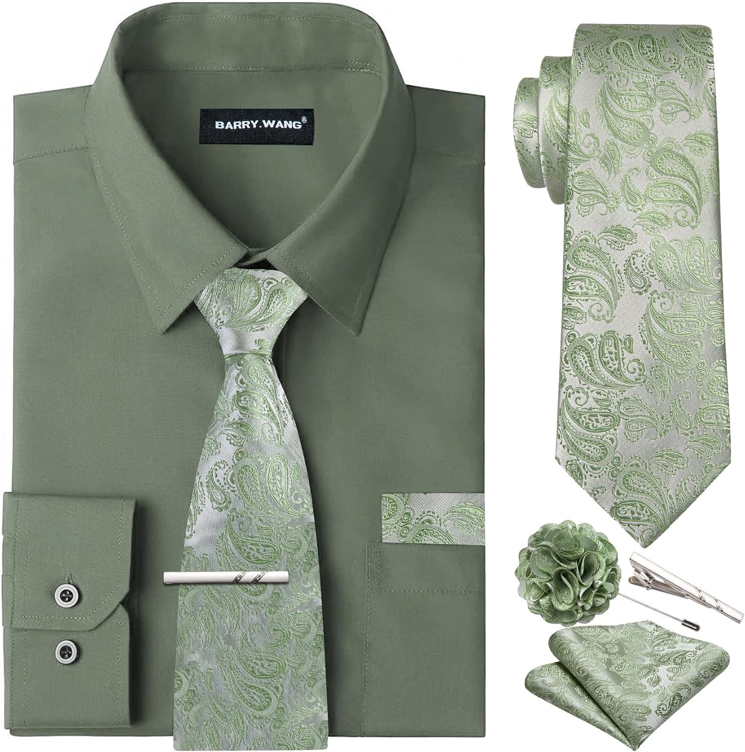 Barry.Wang Solid Colors Mens Dress Shirt and Tie Set for All Occasions
