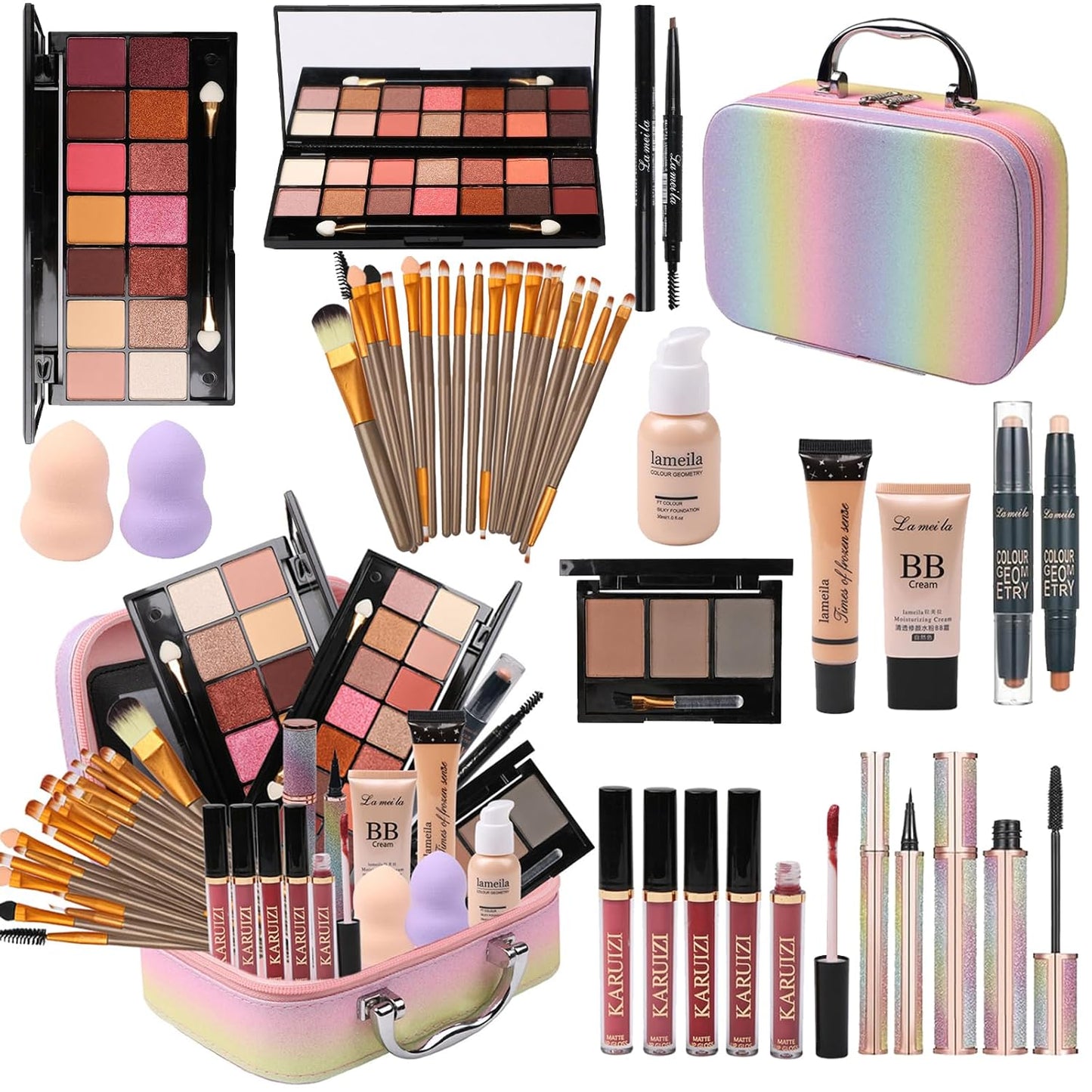 Rainbow Makeup Kit for Girls with Brushes and Cosmetics Set