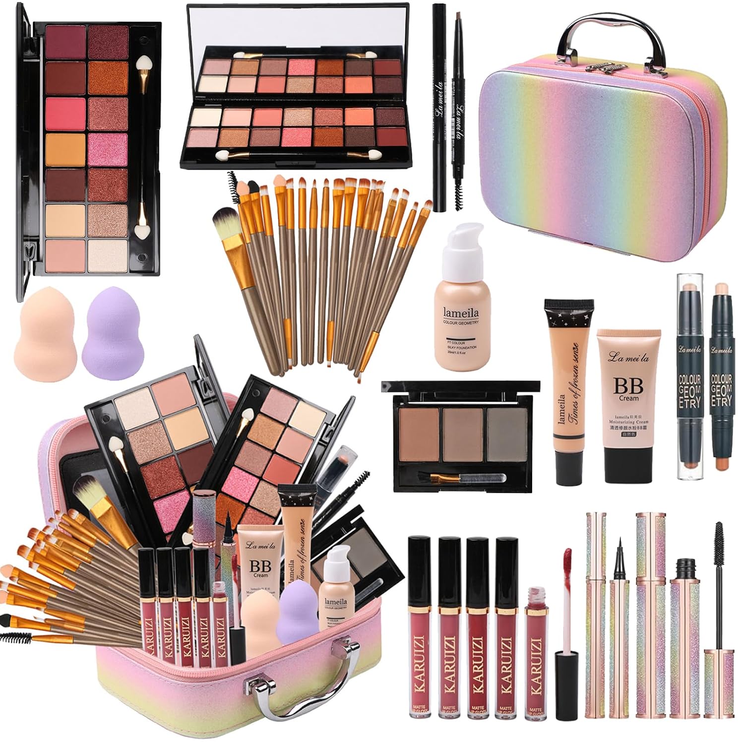 Rainbow Makeup Kit for Girls with Brushes and Cosmetics Set