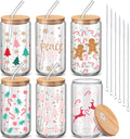 6 Pcs Christmas Drinking Glasses with Bamboo Lid and Straw