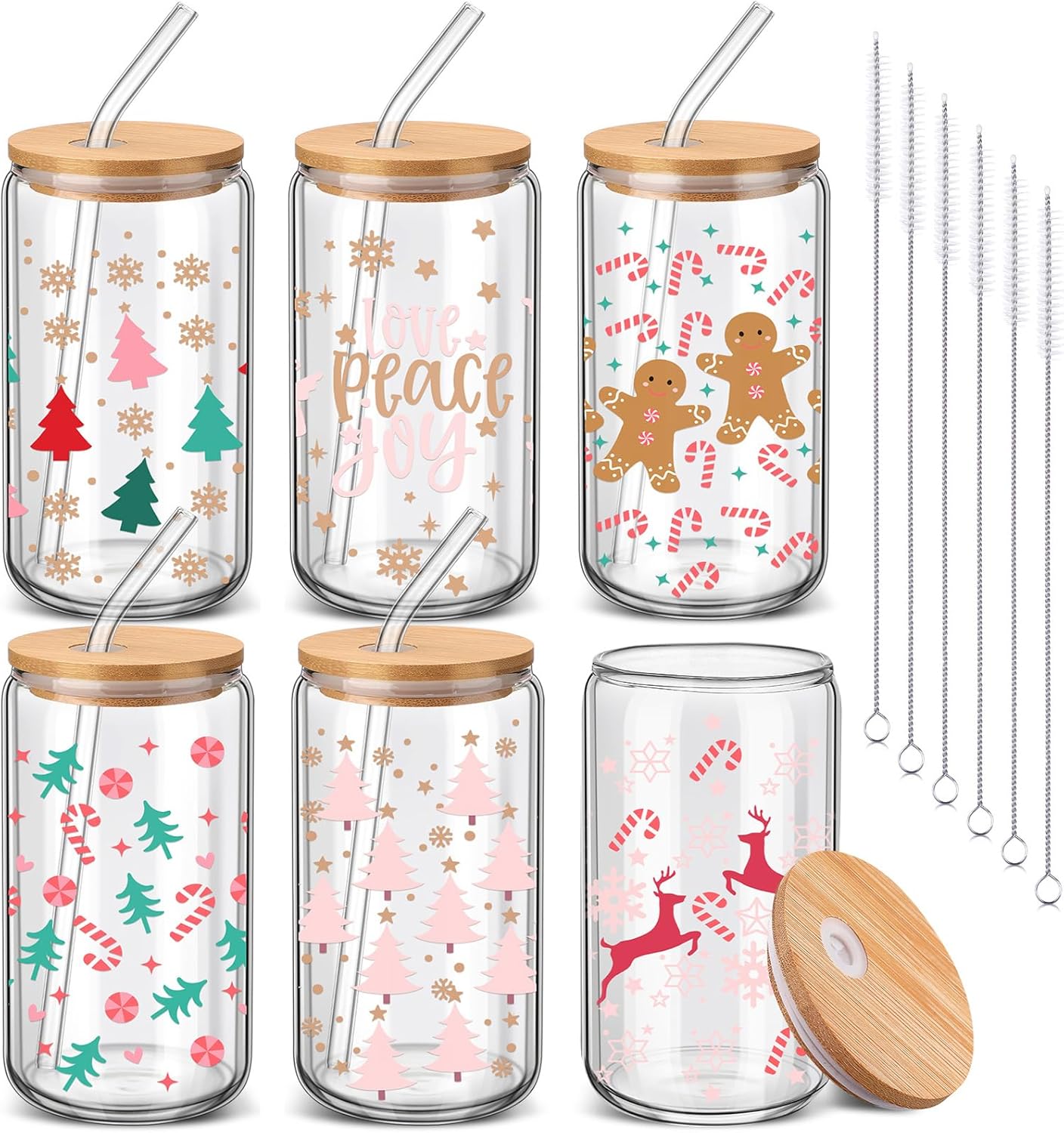 6 Pcs Christmas Drinking Glasses with Bamboo Lid and Straw