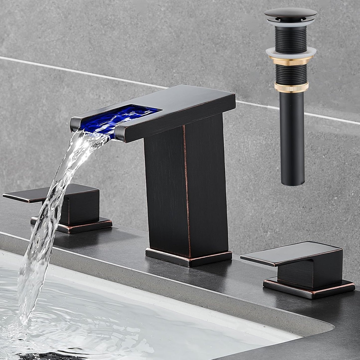 LED Bathroom Faucet 3 Hole Waterfall Design in Oil Rubbed Bronze