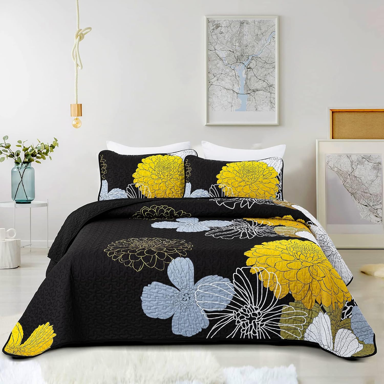 3 Pieces Yellow Floral Pattern Quilts Queen Size Coverlet Set