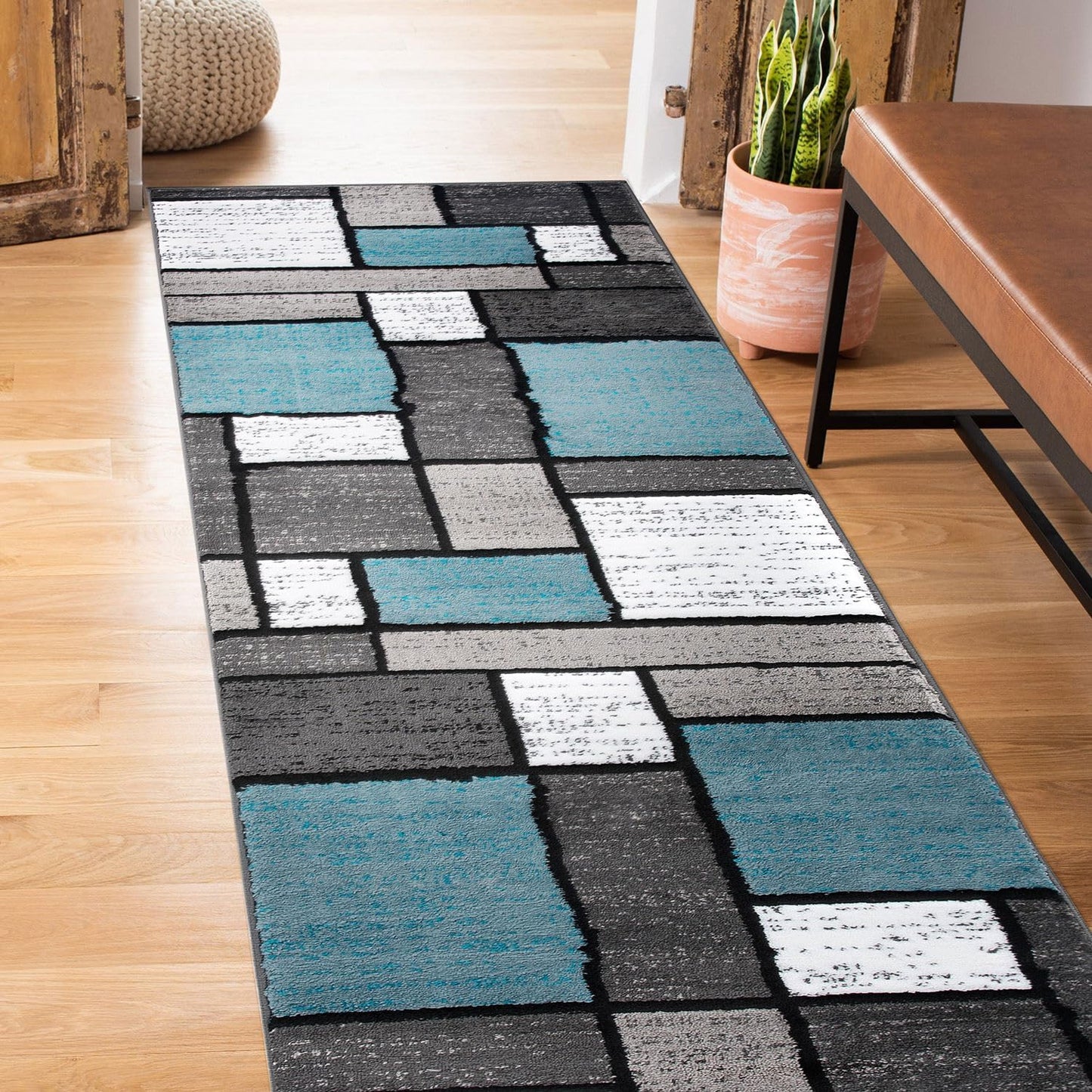Rugshop Contemporary Modern Boxes Runner Rug for Home
