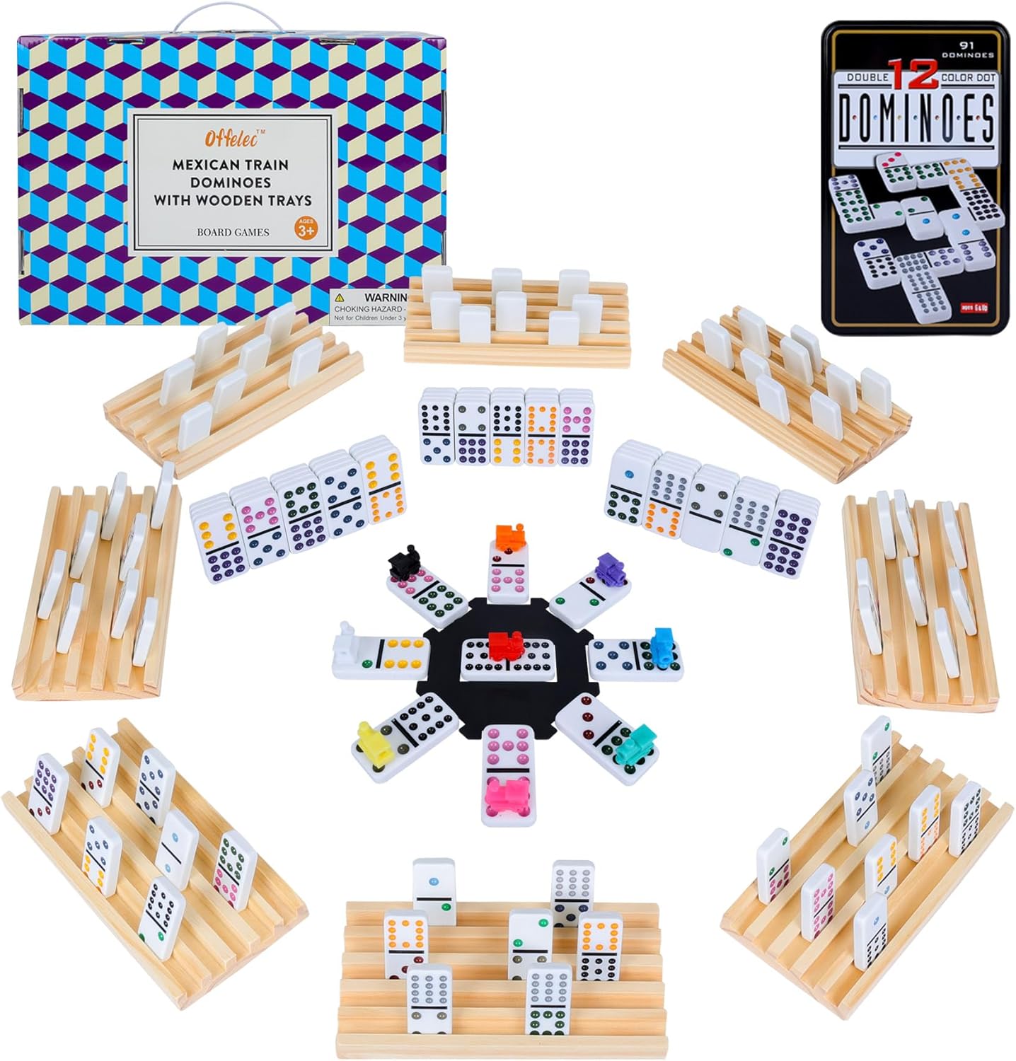 Mexican Train Dominoes Set with 8 Wooden Holders for Fun
