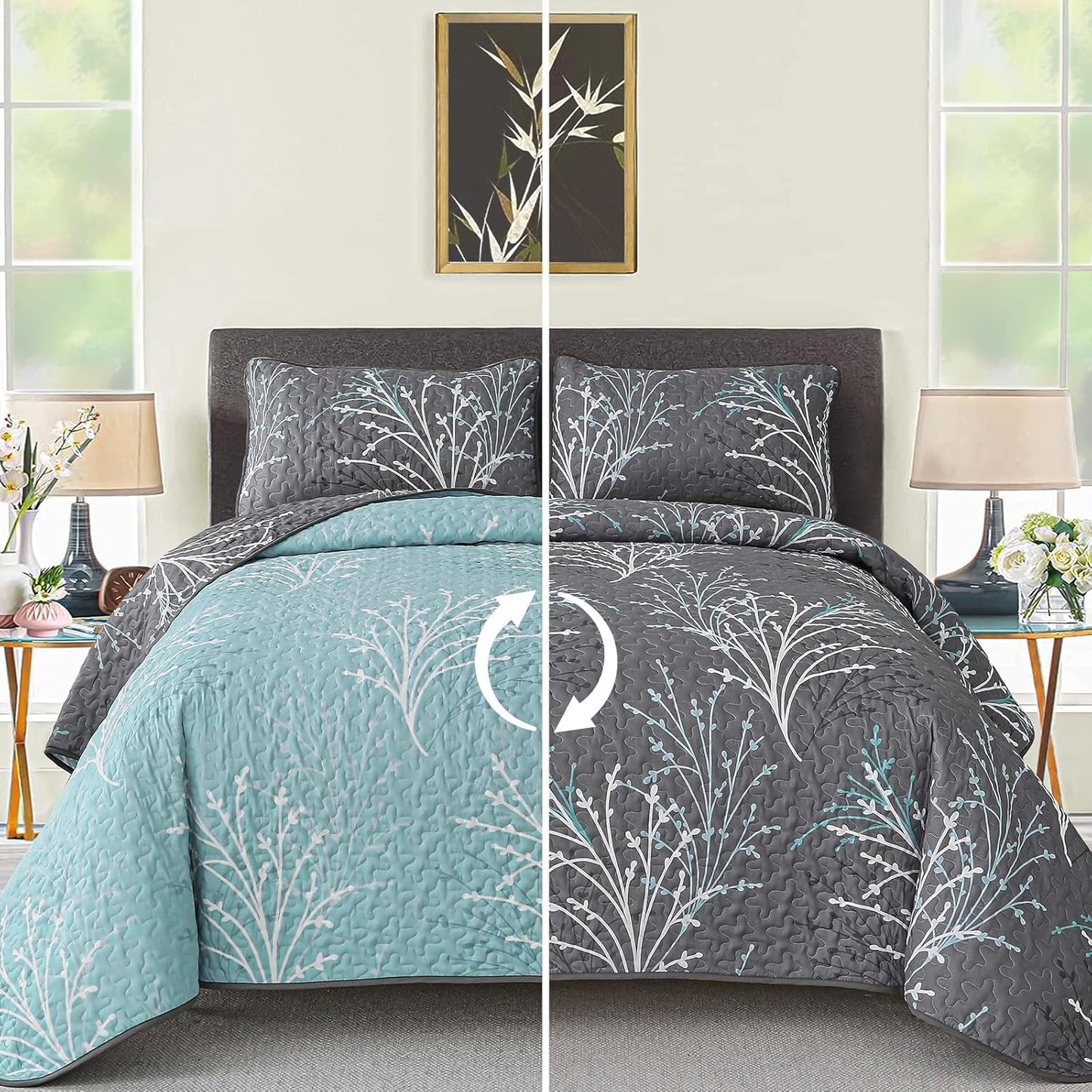 Queen Size Quilt Set Grey Blue Reversible Bedspread for All Seasons