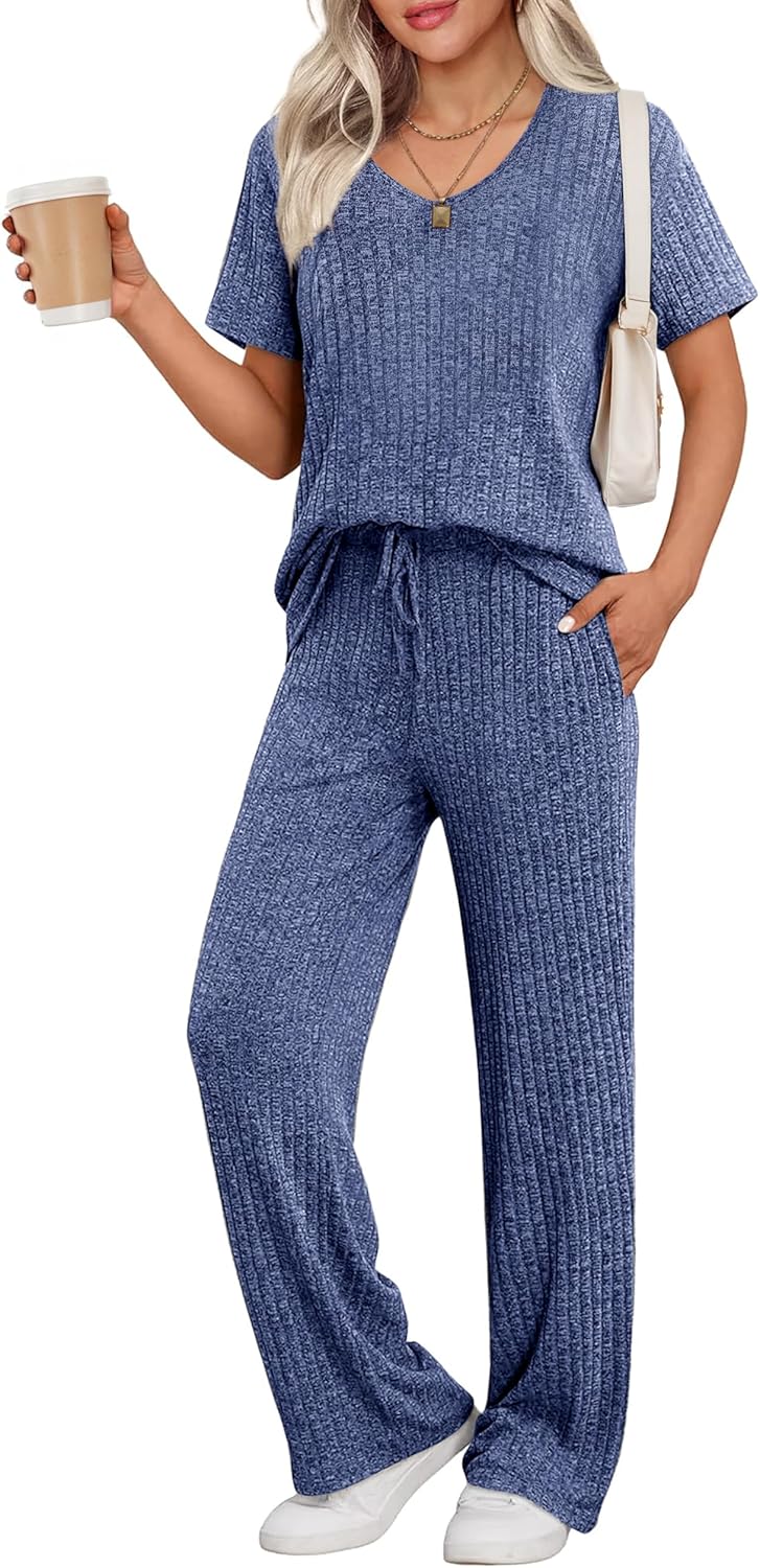 Ekouaer Womens Ribbed Knit Lounge Set for Cozy Sleepwear