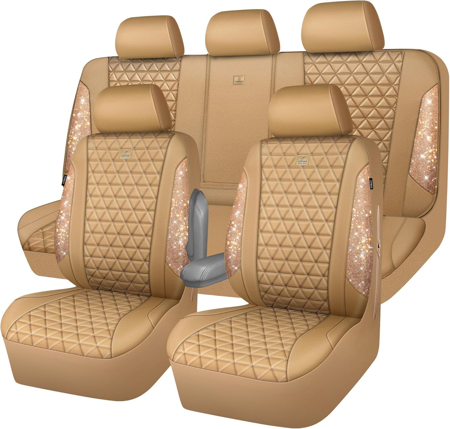 Bling Diamond Beige Leather Car Seat Covers Full Set for Women