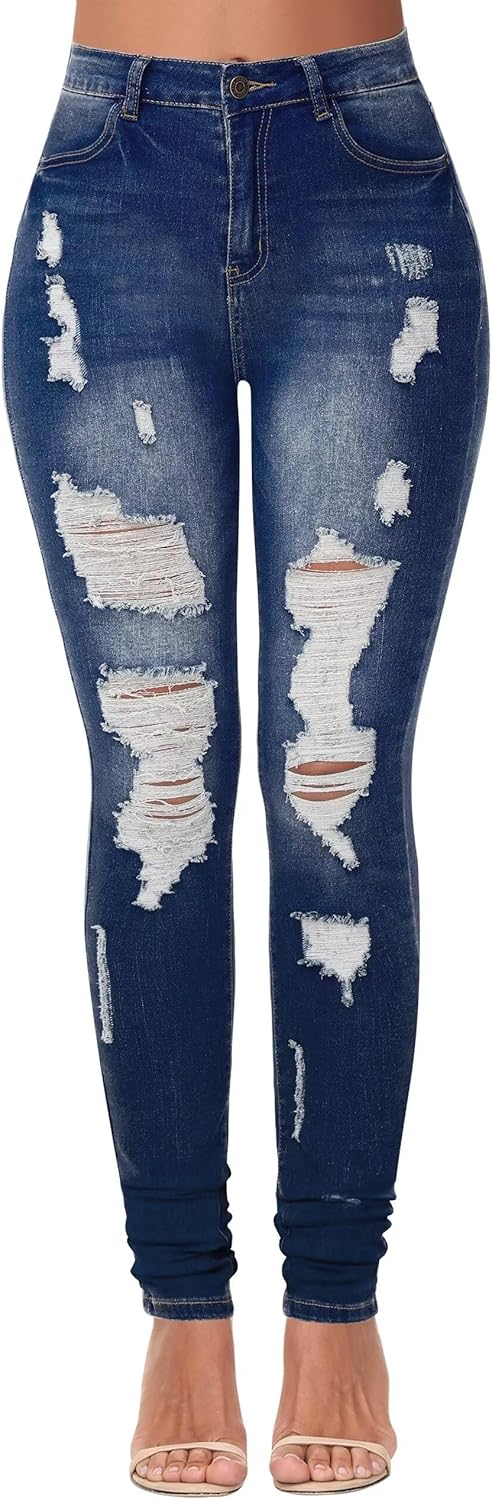 KDF Women's High Waisted Distressed Ripped Skinny Jeans