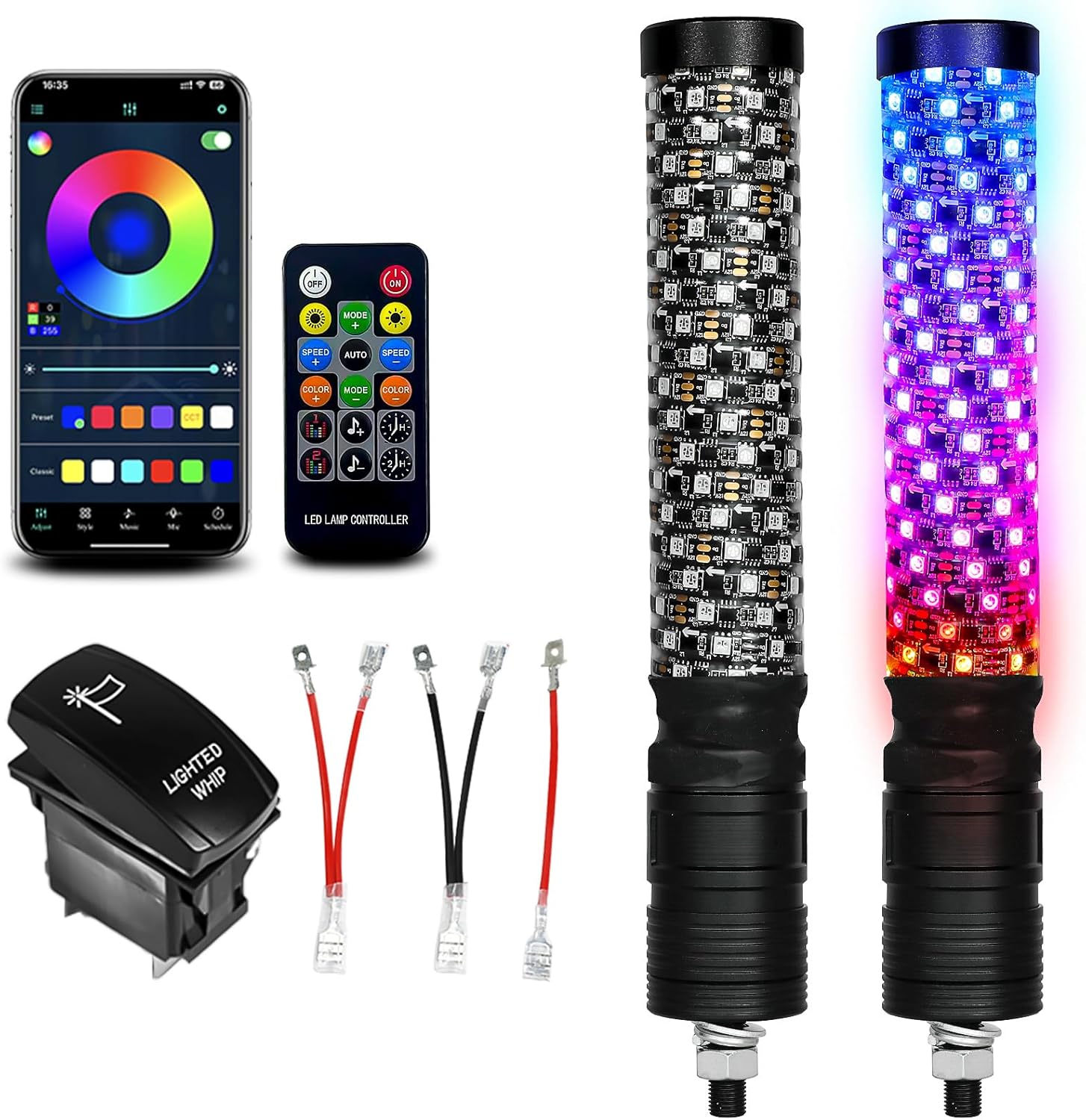 2 Pack 1FT Fat Whip Lights with App & Remote Control for Off-Road