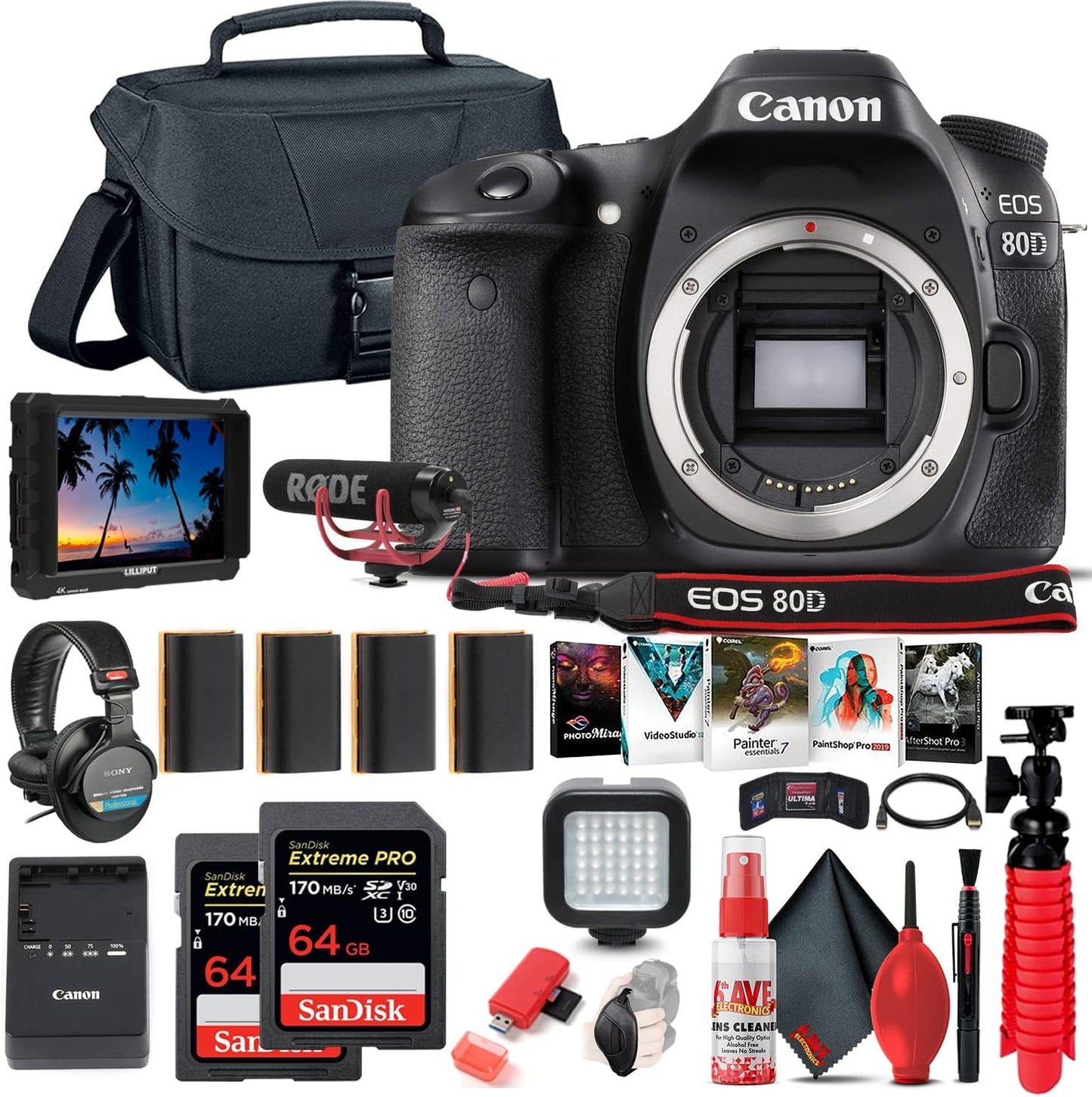 Canon EOS 80D DSLR Bundle - 4K Monitor, Pro Mic, Headphones + More!