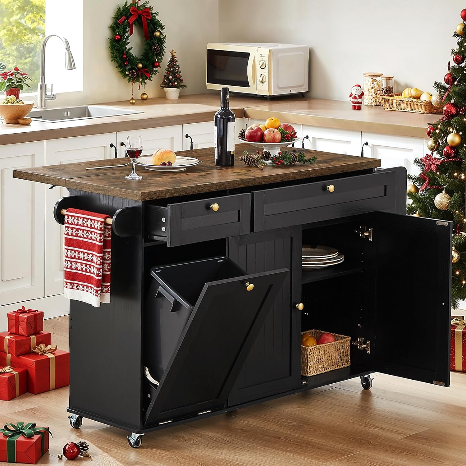 60 Kitchen Island with Power Outlet & Drop Leaf for Cooking