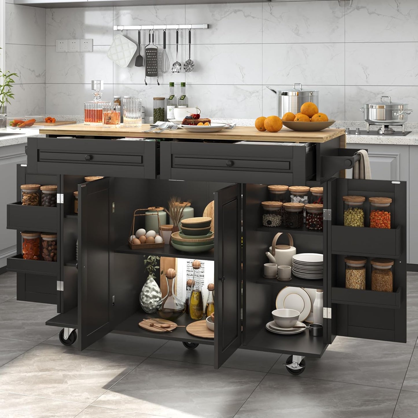 55 Kitchen Cart with Drop Leaf Breakfast Bar, Storage & Spice Rack