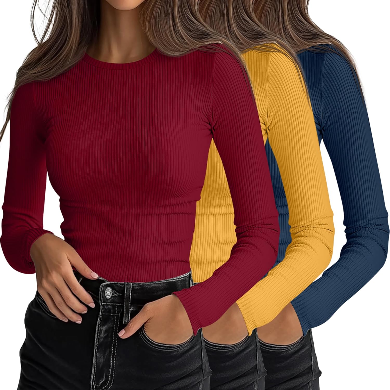 Ficerd Women's Ribbed Long Sleeve Tops for Casual Layering