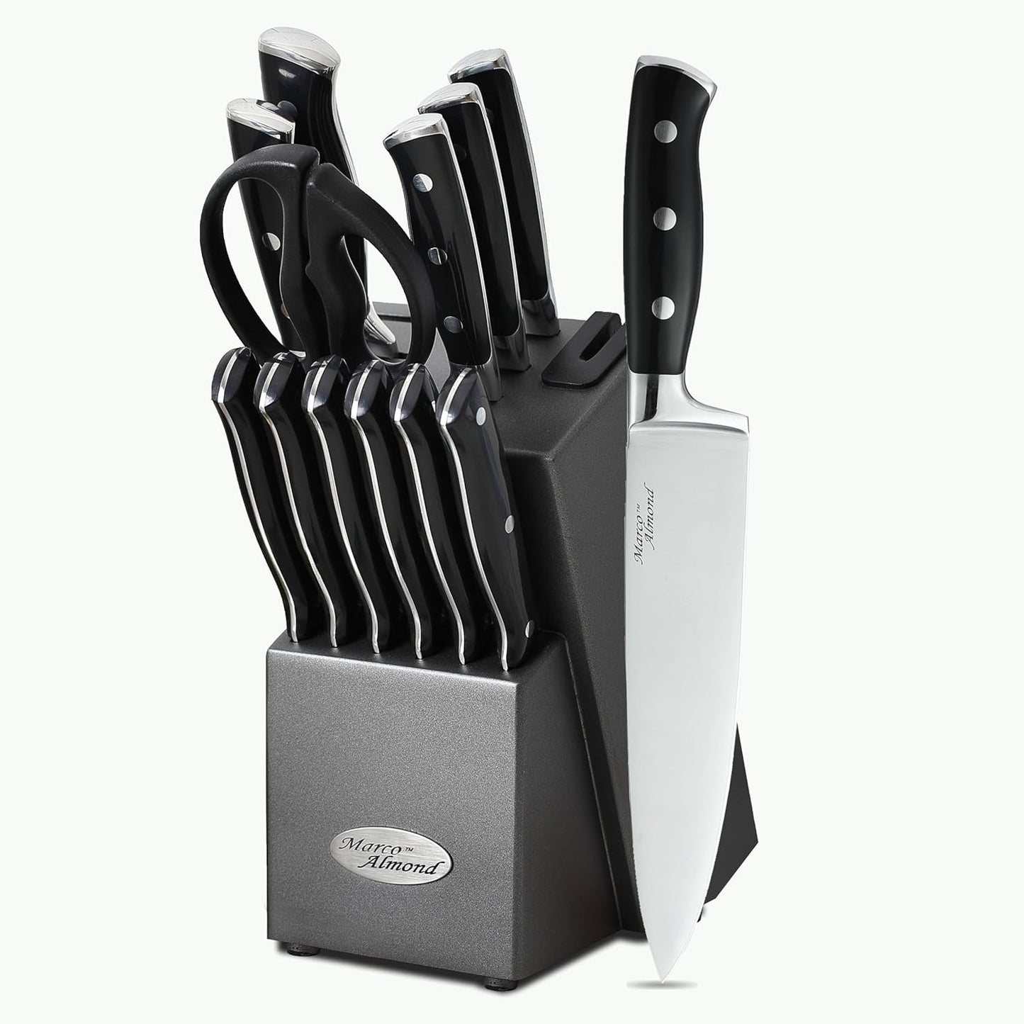 Marco Almond Kitchen Knife Set with Block: 14-Piece Cutlery Set