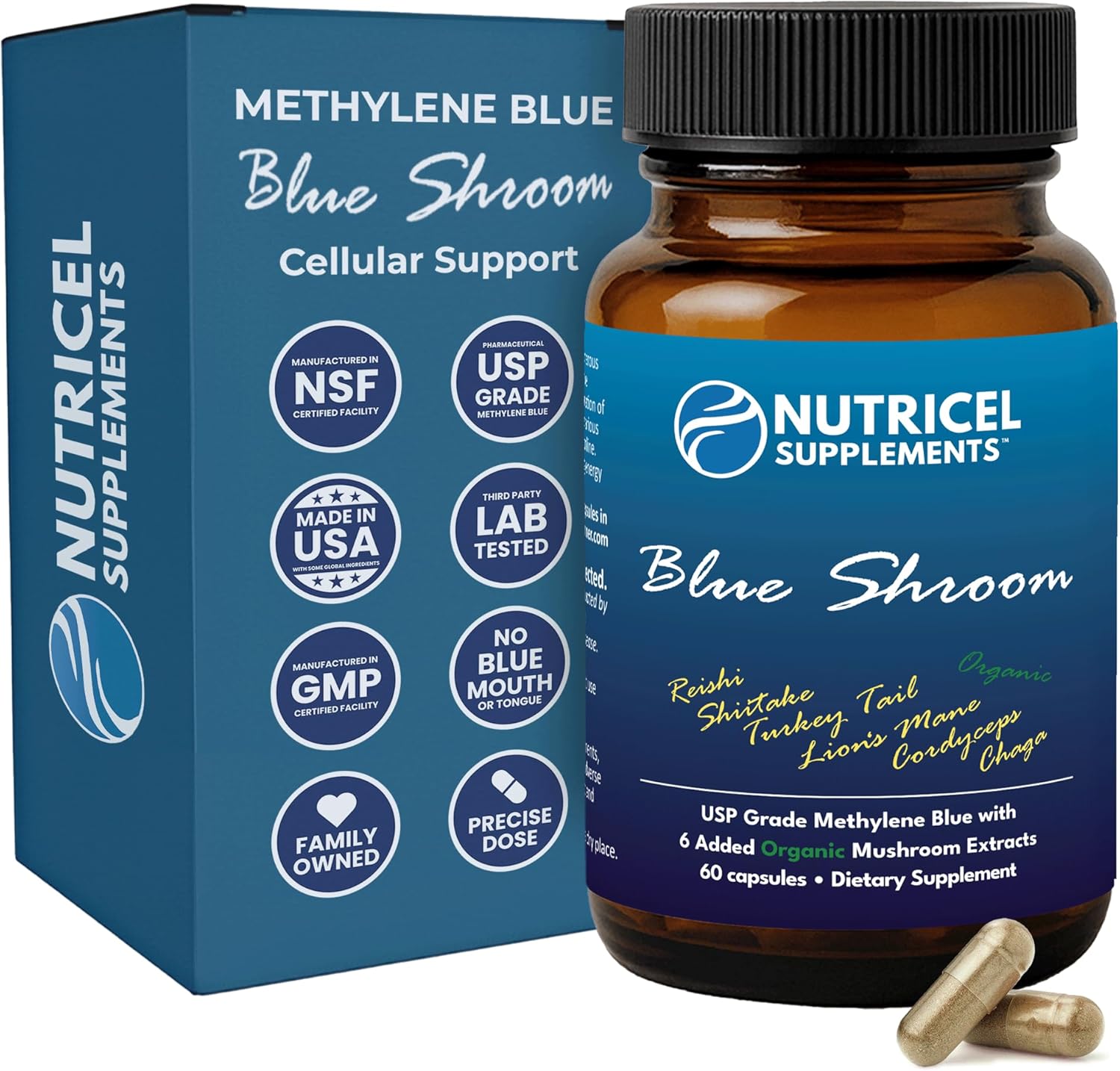 Methylene Blue Capsules with Mushroom Extracts for Energy Boost