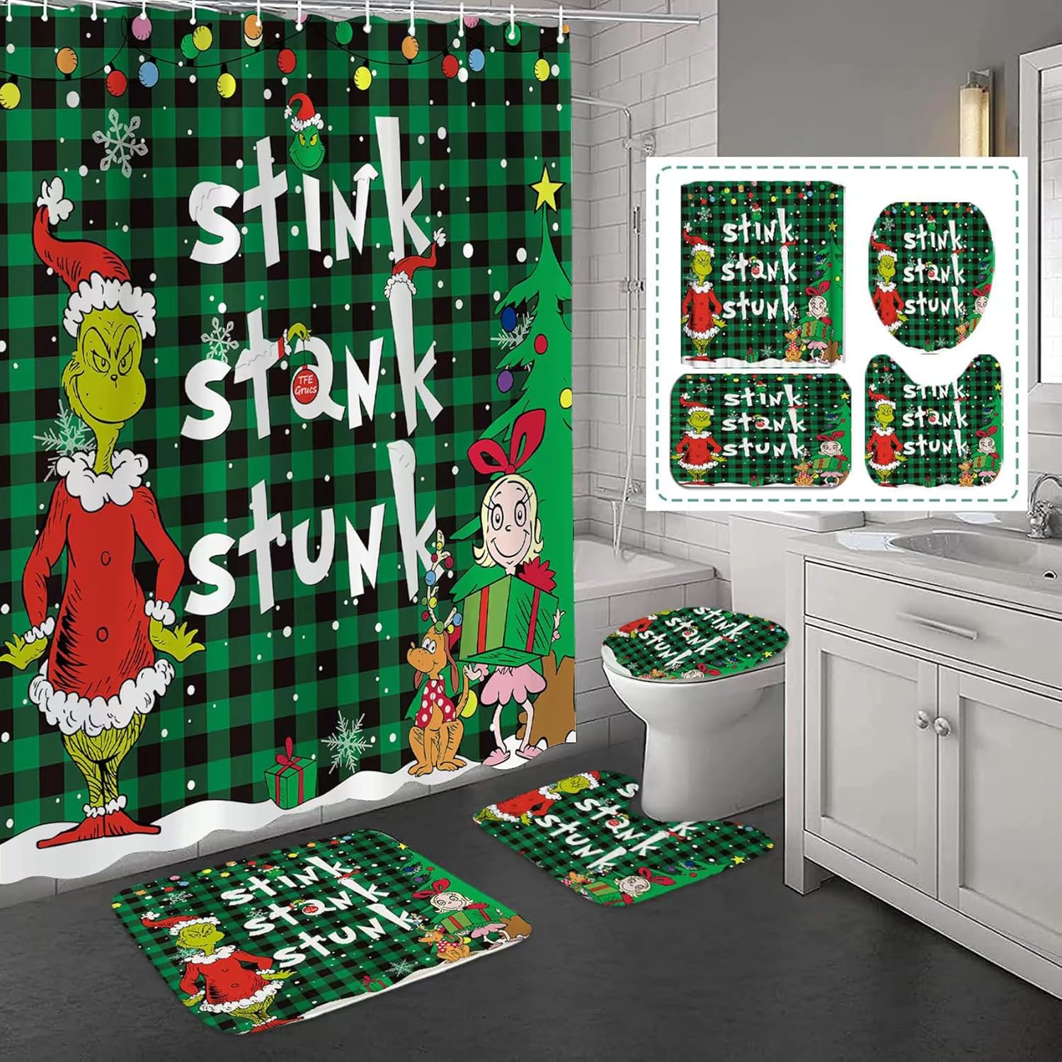 Christmas Bathroom Set with Non-Slip Rugs - Festive Green Decor
