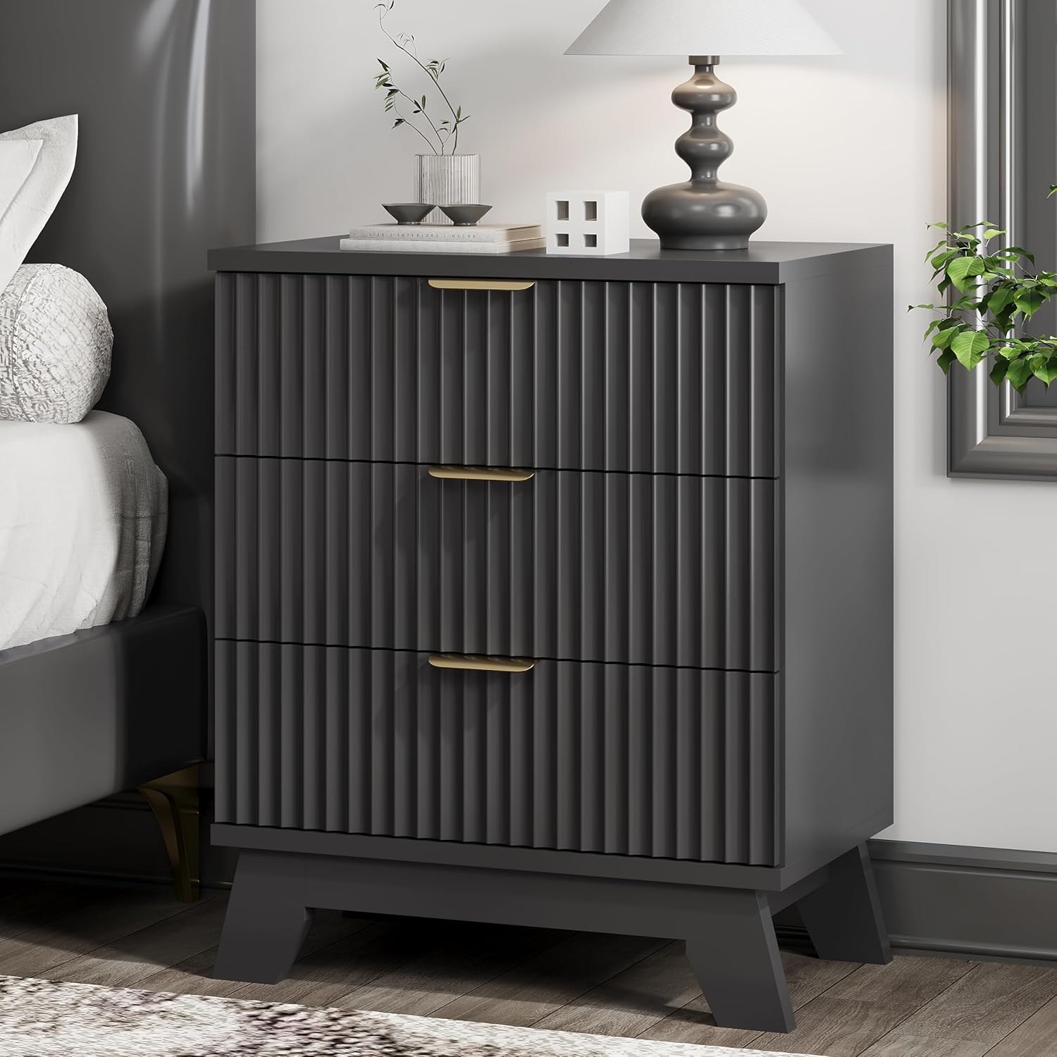 Fluted Nightstand with 3 Large Drawers for Modern Bedrooms